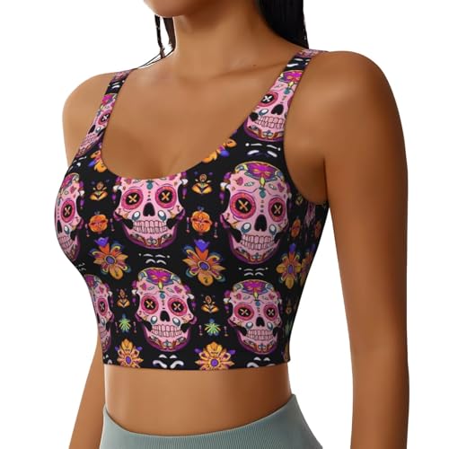 Women Girls Yoga Bras U-Shaped Back Comfortable Sweat Vest with Pads Elastic Sportswear for Gym Fitness, for Day Dead Colorful Sugar Skull