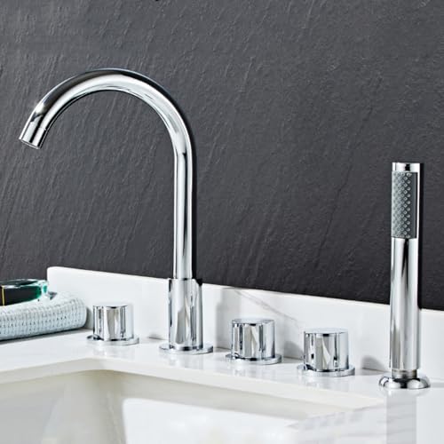 Juego de cabezal de ducha, toque de baño de 5 agujeros negros+toques de baño dorados con ducha 360 grifo giratorio Taps de doble baño batido de palanca Tapón de baño con ducha, cromo Aqiong