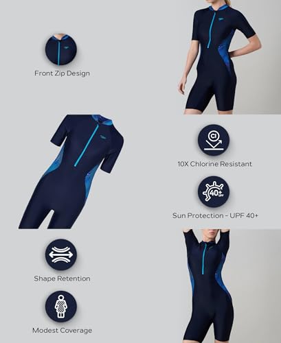 Image of Speedo Women's Endurance10 Essential Splice Print Closedback Kneesuit Swimming Costume Swimwear | Chlorine Resistant | Shape Retention Fabric | UPF 40+ Sun Protection | Removable Bra Pads