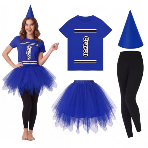 Mepase 4 Pcs Crayon Costume Set Crayon T Shirt Tutu Skirt Gnome Cone Hat Leggings for Women Group Team Outfit(Blue M)