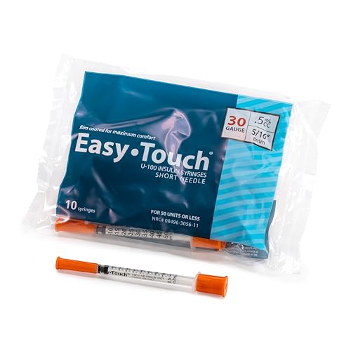 Image of Easy Touch 30 Gauge U-100 Insulin Syringes (30G 0.5cc 5 /16 inch) with 5 /16 inch Short Needle, 0.5cc (50 Unit Capacity), Bold Markings for Accurate Dosing, Disposable, Box of 100
