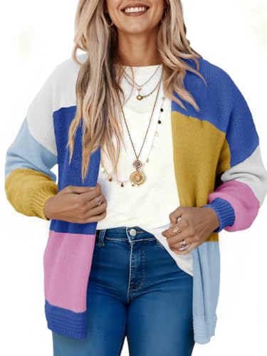 Saodimallsu Womens Boho Cardigans Colorful Long Sleeve Cardigan Open Front Sweaters Chunky Knit Coats Loose Fit 2025 Blue