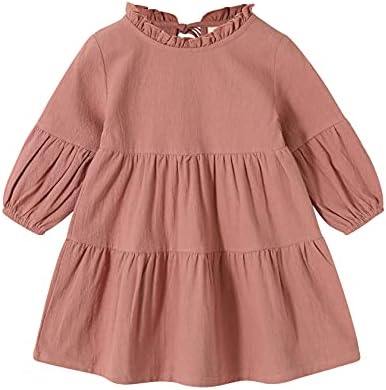Toddler Kids Baby Girl Dress Lantern Long Sleeve Solid Color Casual Dresses Girls Fall Winter Outfit Clothes (18-24 Months, Deep Pink)