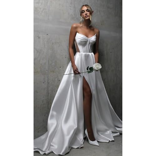Strapless Satin Prom Dresses with Slit Long A Line Formal Evening Party Gowns with Pockets3