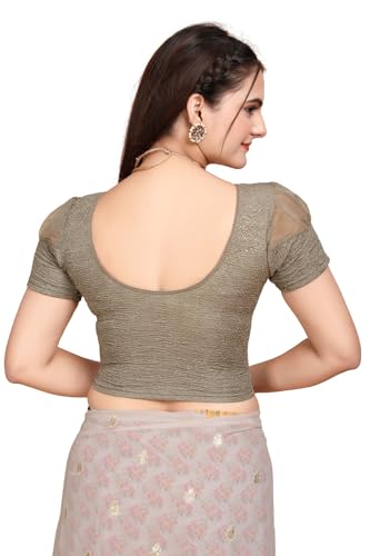 Image of SFT Women's Organza Patch Readymade Saree Blouse with Round Neck Half Sleeves Abstract Pattern Pull On Closure Regular Fit and Standard Length