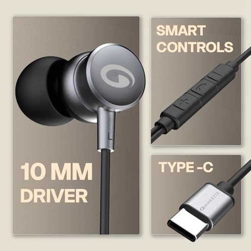 Image of Amkette Trubeats M15 Type C Earphones with Mic, 10mm Drivers, 3 Button Control, AI Assistants, Ergonomic Earbuds Compatible with Smartphones, Tabs & Laptops, Type C Headphones, 1.2m Cable Grey
