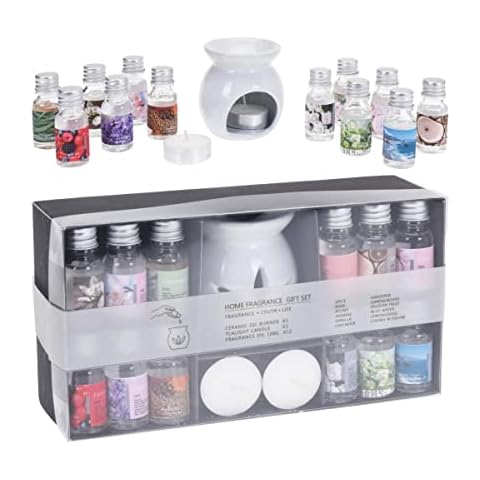BARGAIN4ALL Scented Long Burning Tea Light Candles (White) - Set of 1 Ceramic Burner, 2 Tea Lights and 12 Bottles of Essential Fragrance Oil (10 ml) for Aromatherapy, House-warming Cover