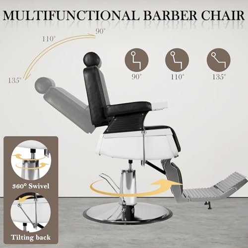Barber Chair for Barbershop, Reclining Salon Styling Chairs for Hair Stylist with Adjustable Headrest, 360° Swivel Professional Hydraulic Hair Chair, Beauty Salon Spa Tattoo Equipment, Black