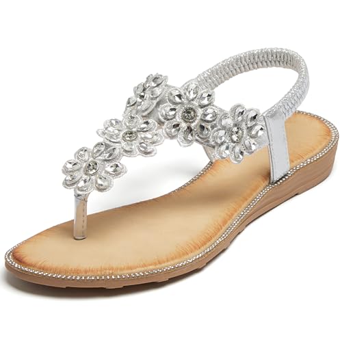 Image of iCKER Women Rhinestone Sandals T-Strap Buckle Bohemian Pearl Crystal Flat Sandals