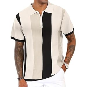Rela Bota Mens Polo Shirts Short Sleeve Vintage Fashion Casual Striped Knitted Golf Stretchy Shirts with Quarter Zipper