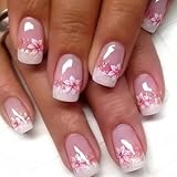 Curvlife Press On Nails Stick On Nails Short Fake Nails Design Acrylic Nails Stick On Nails Tips Glue On Nails False Nails For Women Nail Kit With Nail Glue (Pink diamond, Medium) (Silver Border Flower)