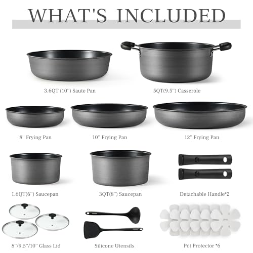 Image of CAROTE 20pcs 4-Ply Premium Hard Anodized Pots and Pans Set Non Stick with Detachable Handle, Dishwasher /Oven Safe, RV Kitchen Cookware Set Nonstick, Induction Cookware, Large Capacity Pans and Pot Set