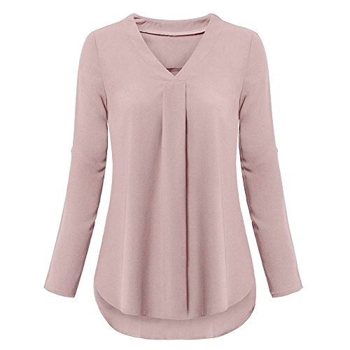 iDWZA Womens Fashion Sexy Casual Long Sleeve Roll-Up V Neck Layered Top Shirt Blouses (Pink, M)