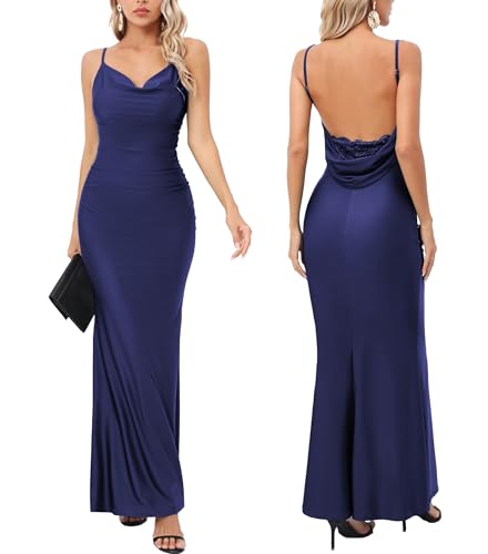 Capuffy Women Drape Neck Formal Maxi Dresses Lace Backless Cocktail Party Dress Spaghetti Straps...
