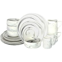 16 Piece Plates and Bowls Sets, Fine China Artisan Marbled Dinner Set for 4, Dishwasher Safe Dinnerware Set, Scratch Resistant, Grey