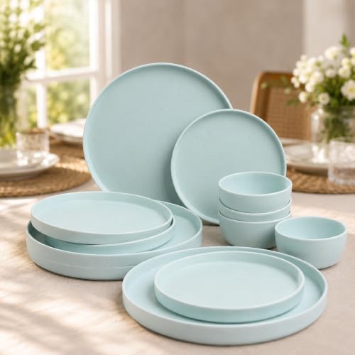 Image of MARKET 99 Minto Blue Matte Sparkle Melamine Dinner Set 12 Pcs | 4 Full Plates, 4 Quarter Plates & 4 Soup Bowls | Premium Round Dinnerware Tableware Set for Kitchen, Home Dining & Family Serving