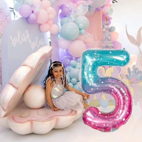 Image of Mermaid Starry 5 Balloons, 40 Inch Giant Teal Blue Purple Mylar Foil Number 0-9 Helium Balloon for Girls, Self Inflating Rainbow 5th Birthday Balloon for Women Anniversary Party Decorations Supplies