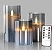 Glass Battery Operated LED Flameless Candles with Remote and Timer, Real Wax Candles Warm Color Flickering Light for Festival Wedding Home Party Decor(Pack of 3)-Grey