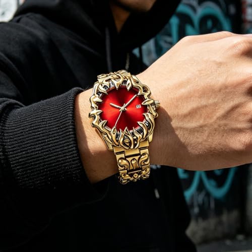 Image of CARLIEN Gothic Claw Watch for Men - Unique Stainless Steel Wristwatch, Luminous Hands, Waterproof Quartz Movement, Futuristic Melting Style, Cool Red & Green Color Options