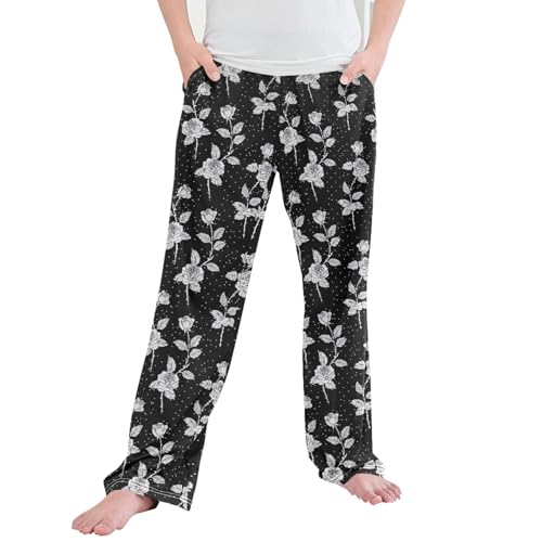 Rose Flowers Long Pajama Pants Elastic Waist PJ Bottoms with Pockets S A113347
