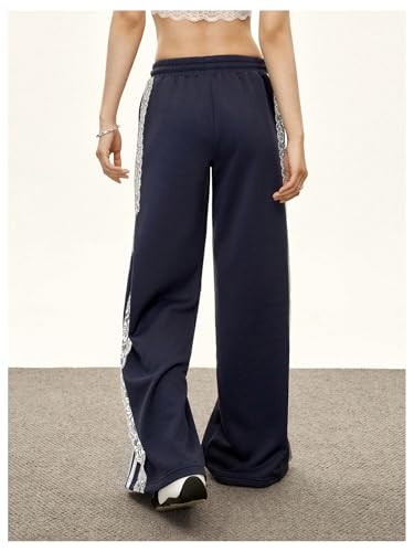 MakeMeChic Women's Floral Lace Striped Pants Drawstring Wide Leg Y2k Sweatpants Trousers3