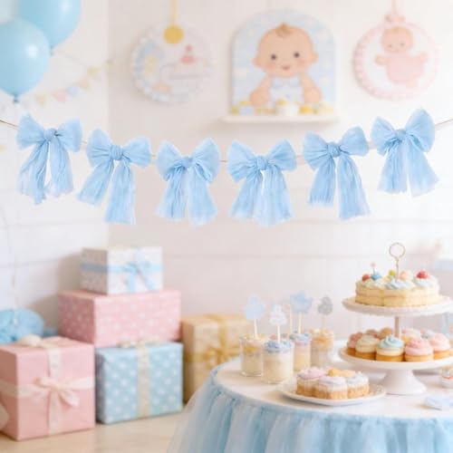 Image of MLMC Baby Blue Bow Garland Banner Handmade Cheesecloth Bow Wreath Party Hanging Decorations for Baby Shower Birthday Wedding Gender Reveal Party Decor