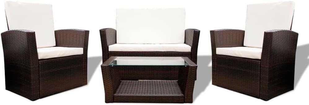 4 Piece Garden Lounge Set with Sofa and Armchairs, Durable Powder-Coated Steel Frame and Synthetic Poly Rattan, Brown and Cream White Outdoor Patio Furniture for Relaxation