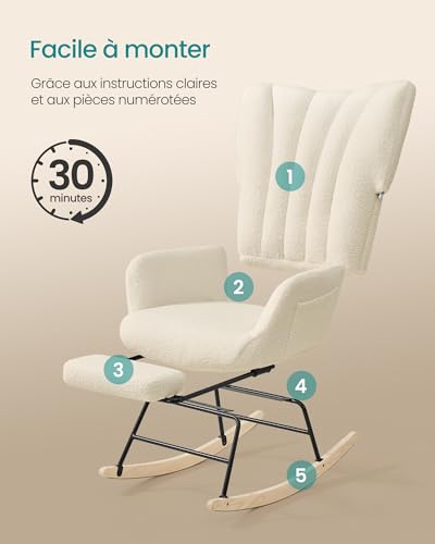 SONGMICS Fauteuil à Bascule, Chaise à Bascule avec Repose-Pieds Escamotable, Coussin Amovible, Poches Latérales, Pieds en Bois, Tissu Peluche, pour Chambre, Salon, Blanc Crème LYY018W101 – vue 7