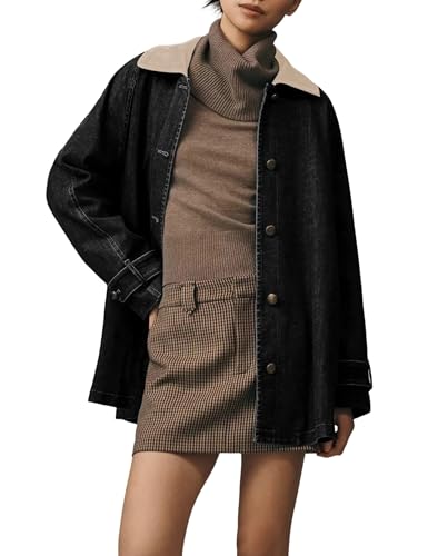 Omoone Denim Jacket for Women Color Block Patchwork Corduroy Collar Oversized Jean Shacket Barn Jacket (Black-S)