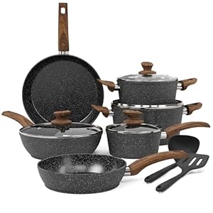 Kitchen Academy Induction Hob Pots and Pans Set – 12 Piece Cooking Pans Set, Black Granite Kitchen Cookware Set,Nonstick Saucepan Set PFOS & PFOA Free