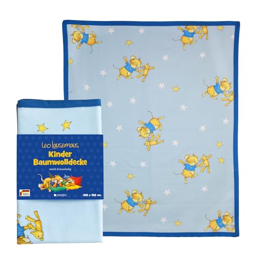 Leo Lausemaus Kinder Baumwolldecke, blau, 100 x 150 cm, Oeko-TEX® Zertifiziert - leichte Decke aus 100% Baumwolle, trocknergeeignet - für Jungen und Mädchen