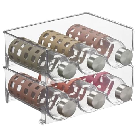 mDesign Stackable Plastic 3 Bottle Refrigerator Wine Rack - Kitchen Storage Organizer for Champagne, Wine or Water Bottles - Stacking Wine Organizer for Fridge - Ligne Collection - 2 Pack - Clear Cover