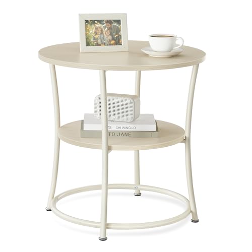 VASAGLE 21.7-Inch Round Side Table, 2-Tier End Table, Nightstand with Steel Frame, Spacious Top, for Small Spaces, Living Room, Bedroom, Natural Beige ULET056N01 Natural Beige Without Power