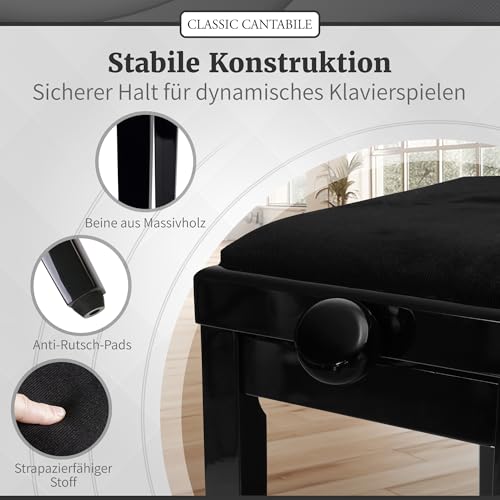 Classic Cantabile Pianobank Schwarz-Hochglanz (Höhenverstellbar von 47-56cm, Spindelmechanik, Sitzfläche 55 x 32cm, schwarzer Velourbezug, stabil)