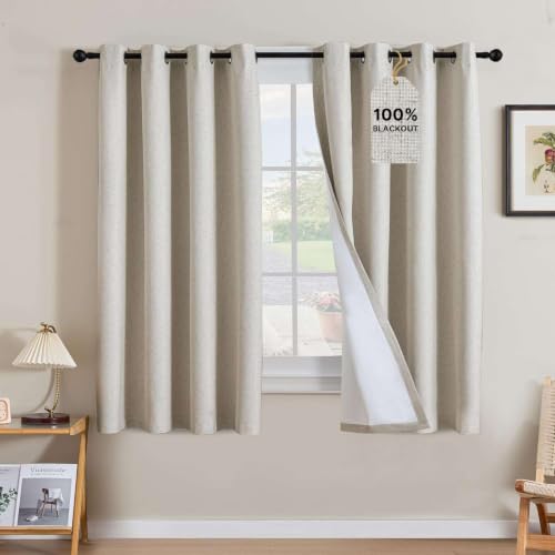 Image of H.VERSAILTEX Linen Curtains 100% Blackout Curtains for Bedroom 63 inch Long Full Light Blocking Nature Linen Blended Window Curtains for Living Room Nickel Grommet (2 Panels, Heathered Linen)