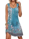 ETCYY Summer Dresses for Women 2025 Vacation Sleeveless Sundresses Beach Swimsuit Cover Ups Button Down Pleated T-Shirt Dress,Floral Blue,Large
