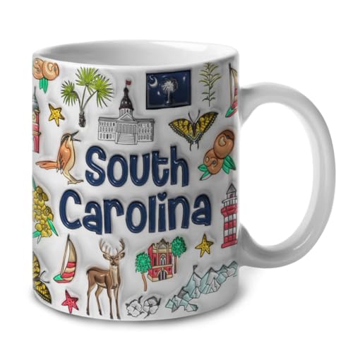 Lotacy South Carolina Symbols Colorful 2D Printed Coffee Mug With Flag, South Carolina Ceramic Mug 11oz Coffee Mug, South Carolina Souvenirs and Gifts