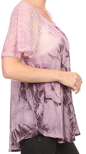 Image of Sakkas Taylay Ombre Tie Dye Batik Long Embroidered Corset Neck Blouse Shirt Top