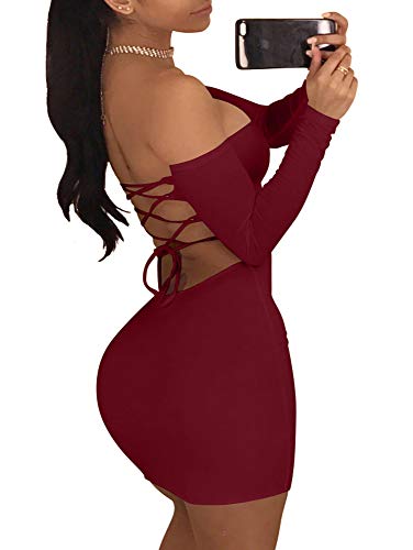 TOB Womens Sexy Off Shoulder Backless Lace Up Club Bodycon Mini Dress Wine Red, Medium
