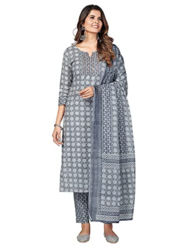 Image of Vbuyz Women's Printed & Embellished & Mirror Work Straight Cotton Stitched Kurta set | Straight Kurta Pant Dupatta | Kurta Set with Dupatta for Women | Suit Set | Ethnic Set | Printed Kurta Set