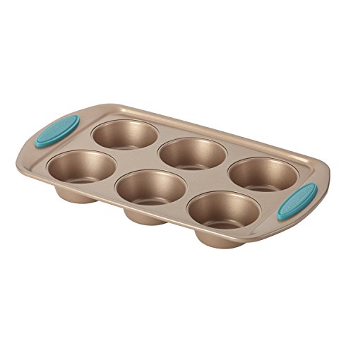 Rachael Ray Cucina Bakeware Set Includes Nonstick Cake Cookie Baking Sheet And Muffin Cupcake Pan, 4 Piece, Latte Brown With Agave Blue Grips #TOP4