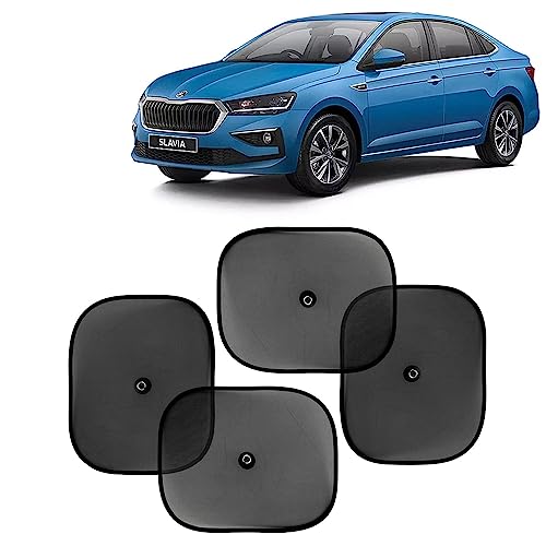 Image of KINGSWAY Car Window Curtain Sticky Sun Shades Compatible with Skoda Slavia, (Year 2022 Onwards), Universal Fit Sunshades for Side Window, Rear Window, Black Color, 4 Pieces
