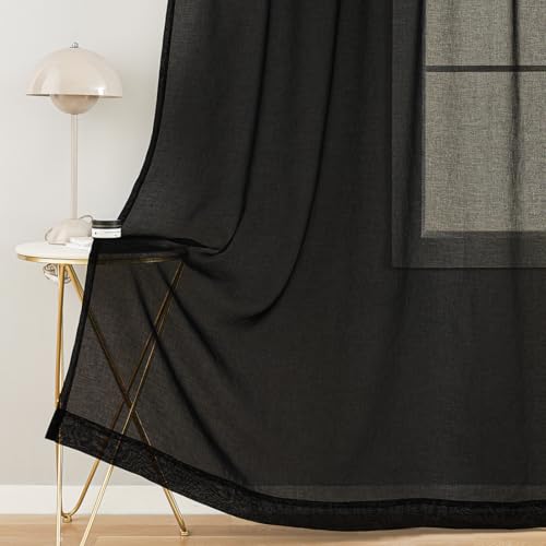 Image of MYSTIC-HOME Extra Wide Sheer Curtains Black 84 Inches Long, Window Treatments Rod Pocket Drapes for Living Room, Bedroom, 108 in Width Semi Sheer Curtains for Yard, Villa, Parlor, 108 inchx 84 inch, 2 Panels
