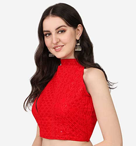 Image of Pujia Mills Women's Halter Neck Chickenkari Work Readymade Saree Blouse