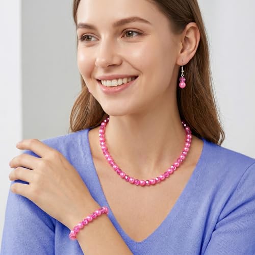 Juego de collar de perlas de cristal rosa con pulsera y pendientes Avalaya de 43 cm 2