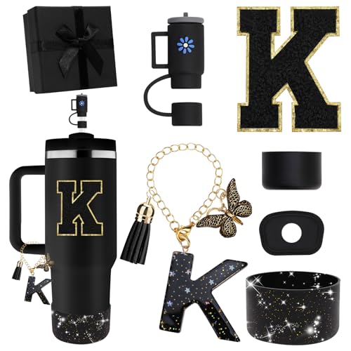 Miglaja Black Accessories for Stanley Cup Accessories 30OZ 40OZ, All Accessories Gift Box Contain Flower Straw Topper, Sillicone Boot, Letter Stickers and Pendants,Spill Stopper Set (Black K)