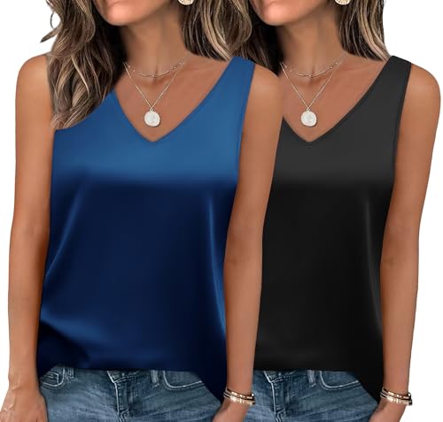 Zeagoo 2er Pack Damen Satin Top Elegant Seidentop Basic V-Ausschnitt Tank Tops Frauen Sommer Shirts Satinbluse Schwarz/Navy Blau XS