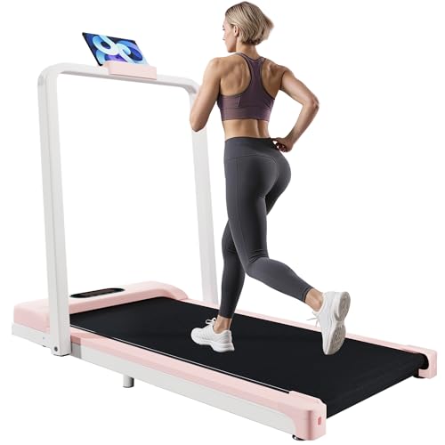 Treadmills for Home Foldable 2 in 1 with Handrail Adjustable Incline, 1-6 km/h Running Machine, Walking Pad with Incline LED Display Phone Holder Remote Control Transport Wheels Plug Pink