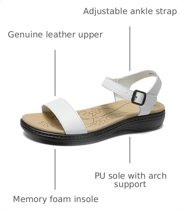 Image of Women's Classic Flat Sandals Leather Open Toes Memory Foam One Band Ankle Strap Adjustable Slip On Shoes