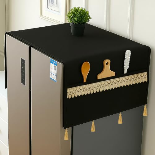 Image of Refrigerator Double Door Waterproof, Dustproof, Tassel Lace Refrigerator Top Cover, Protective Covers for Fridges with Extra Storage Space Nylon Top cover with 6 Storage Pockets ( Black, 170 x 65 cm )